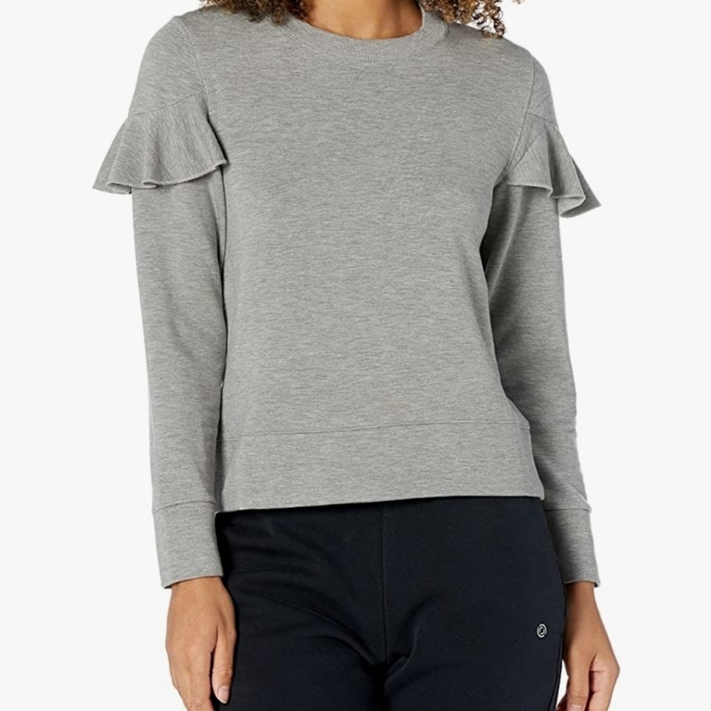 Core 10 Cloud Soft Yoga Fleece Ruffle Sleeve Crew Sweatshirt in Lt Gray Size 1X